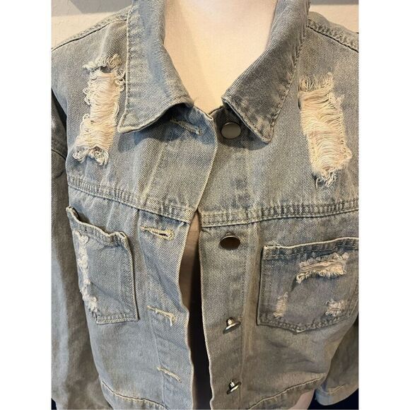 Joiemont Womens Denim Jacket with Fringe Rhinestones Long Sleeve - Picture 4 of 7